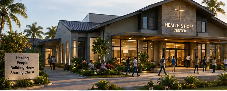 Concept rendering of a Health & Hope Center: a stone and glass building with a cross on its gable, palm trees and people walking to the entrance