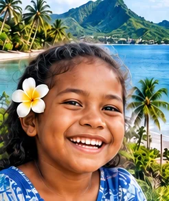 Smiling child from Fiji with island scenery behind