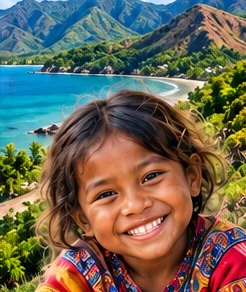 Smiling child from Timor-Leste with island scenery behind