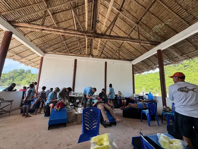 Several patients being treated at once under a thatched open-air hall